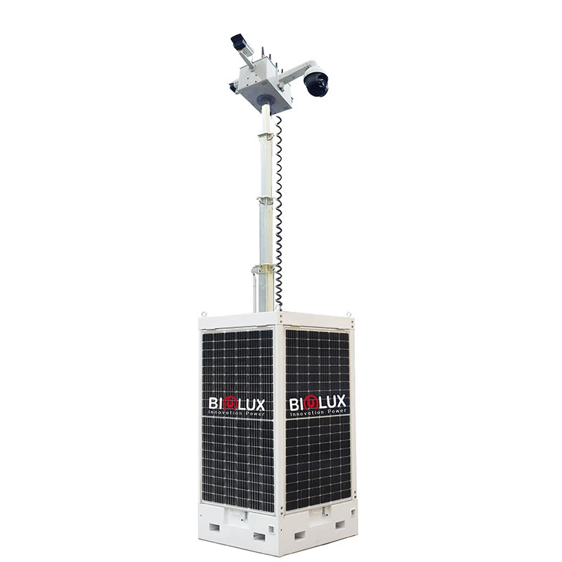 Système de tour de vidéosurveillance solaire mobile Cube avec trous de chariot élévateur pour chantier de construction 1