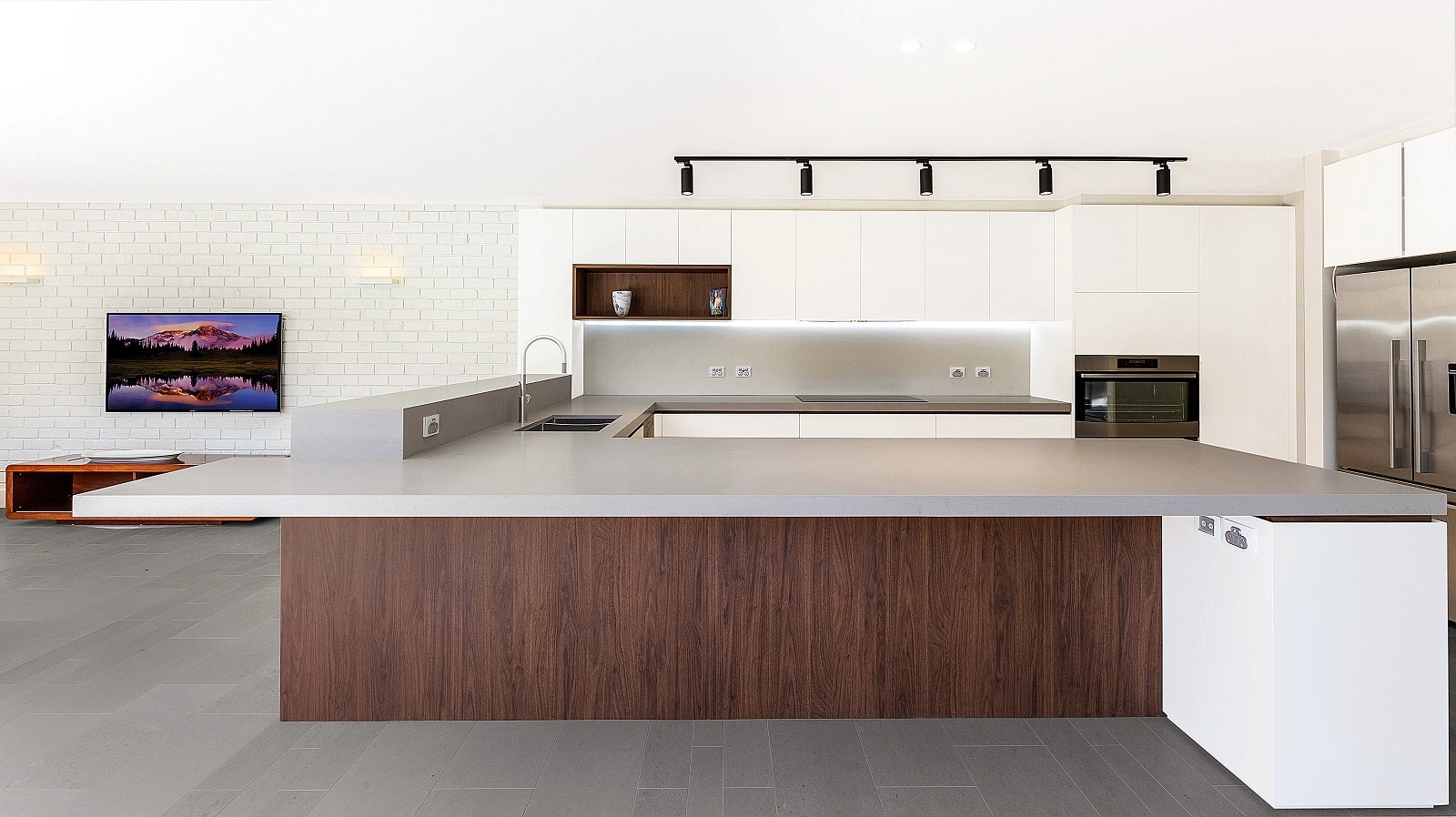 AllandCabinet Timber Grain Finish Kitchen Cabinet Handleless MDF Panel with Large Island 1