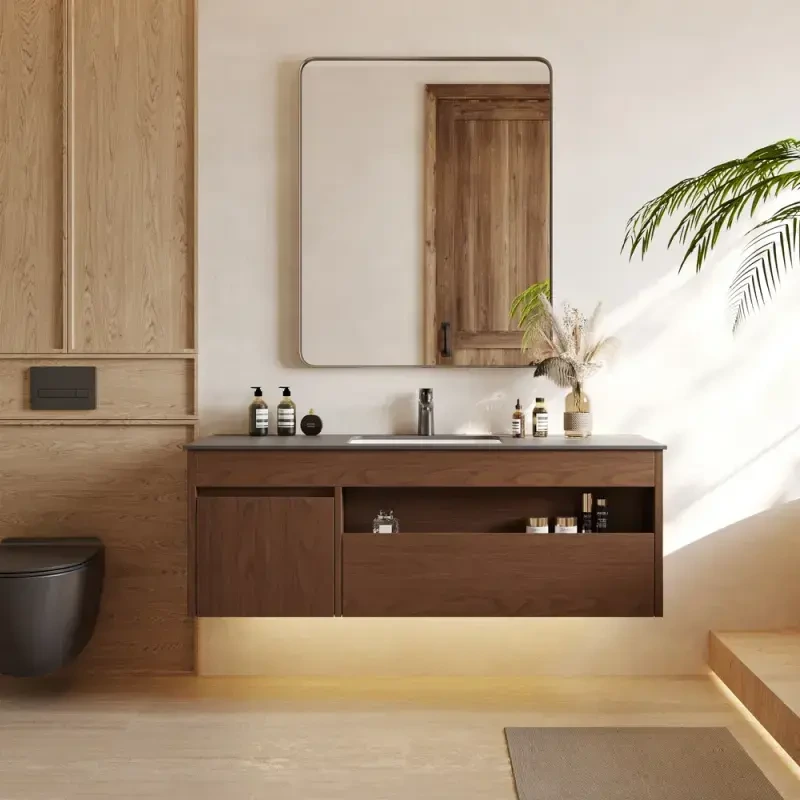 AllandCabinet Walnut Wood Grain Single Bathroom Vanity Modern Style with Ceramic Integrated Basin 1