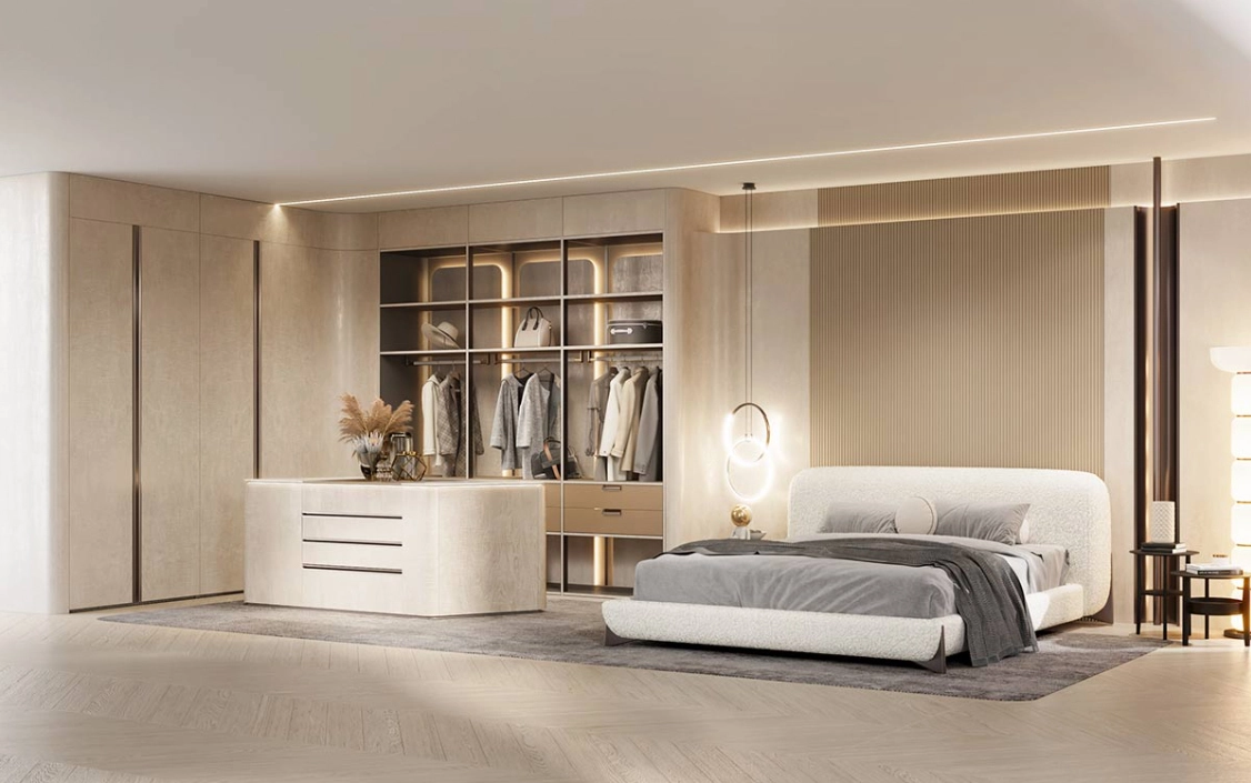 Closet AllandCabinet bege em laca texturizada em formato de L com ilha 1