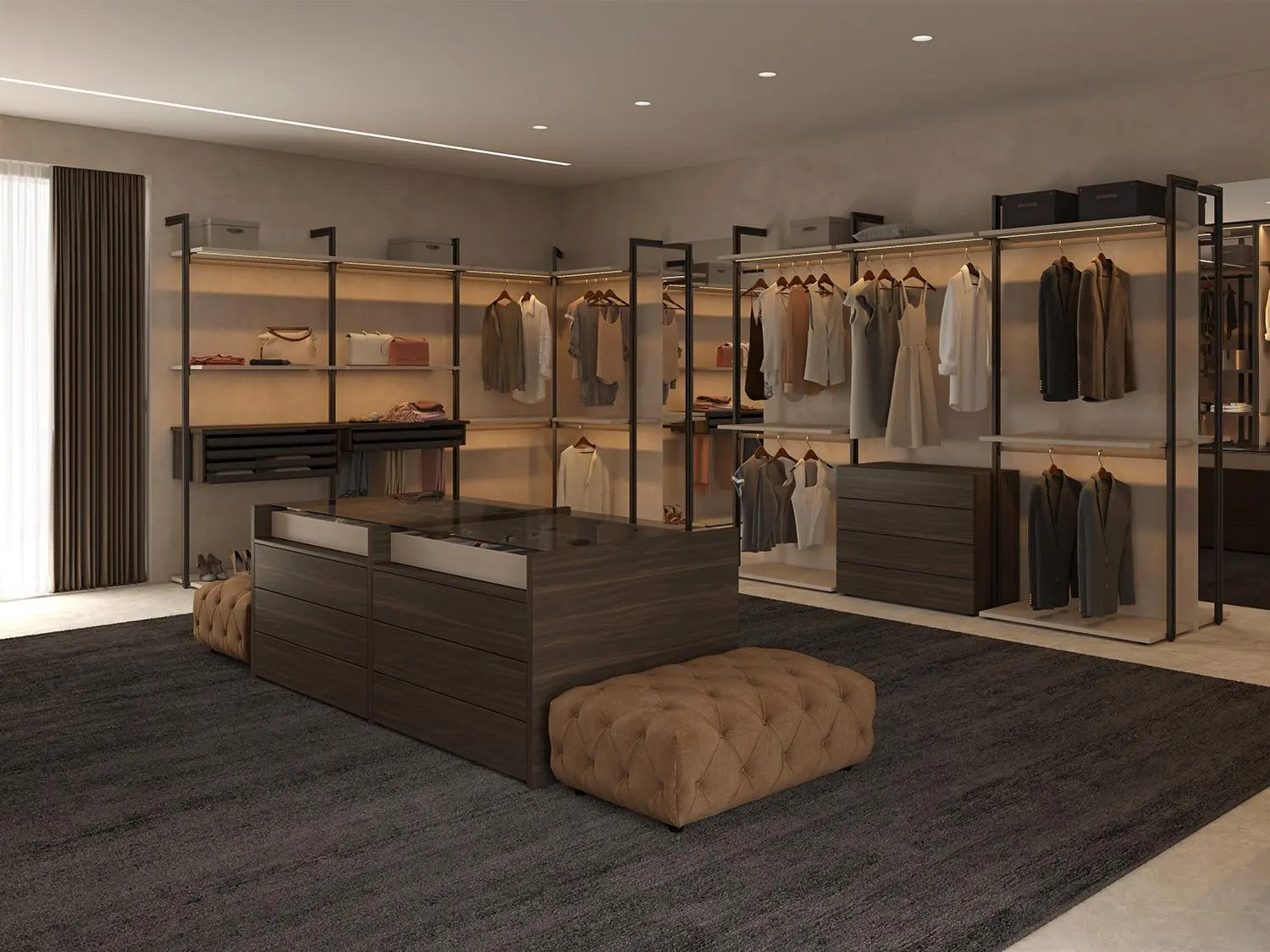Closet AllandCabinet com postes de parede com prateleiras, gavetas e acessórios de suspensão 1