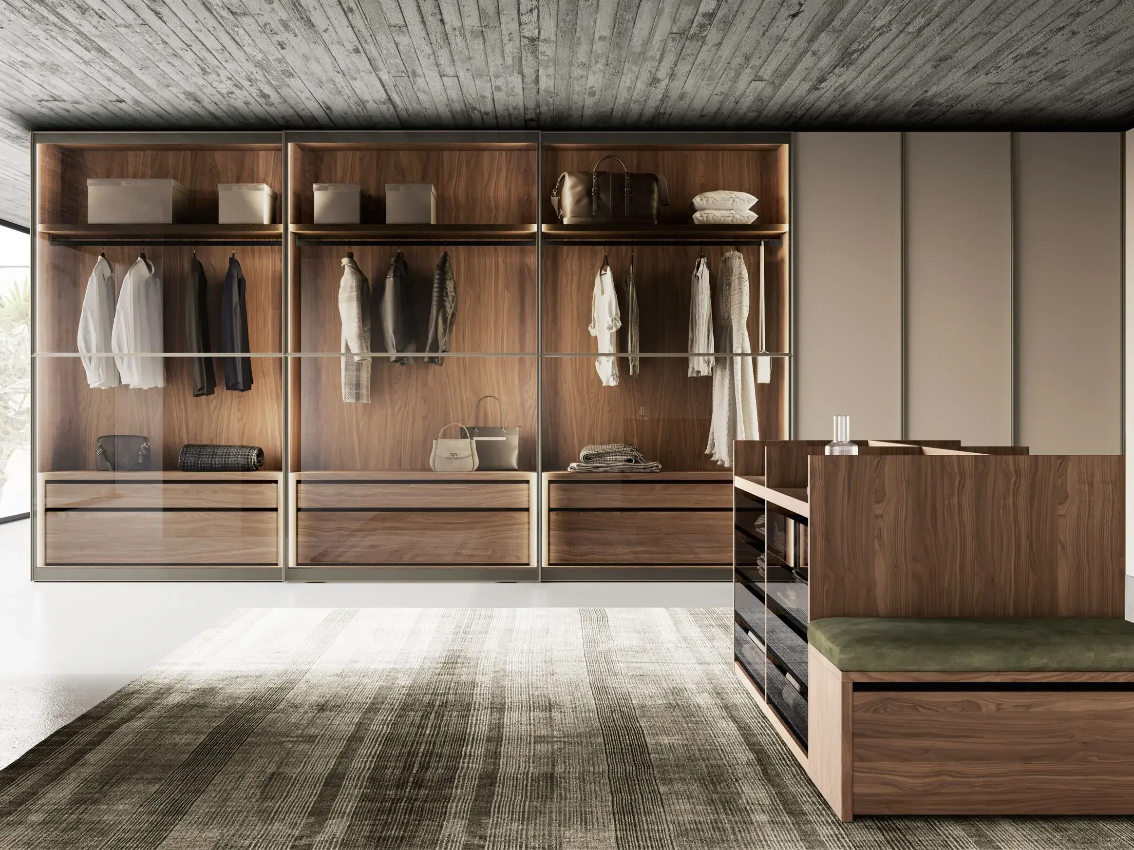 AllandCabinet Kleiderschrank mit Glas-Schiebetüren in Walnuss-Struktur 1