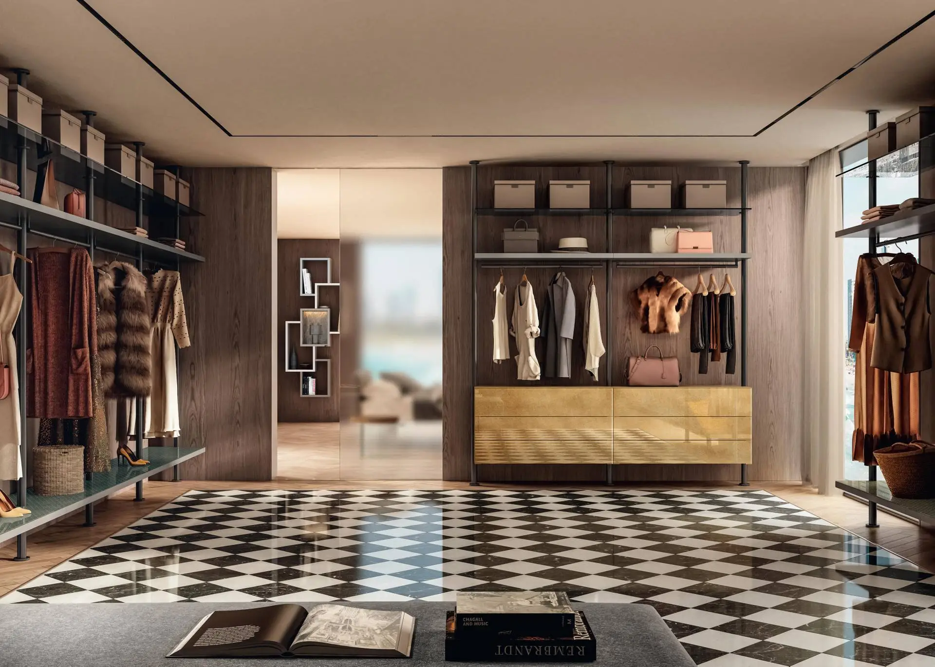 AllandCabinet Open Large Walk-in Wardrobe With Drawer With Push-pull Opening Drawers and Grey Smoked Glass Shelves 1