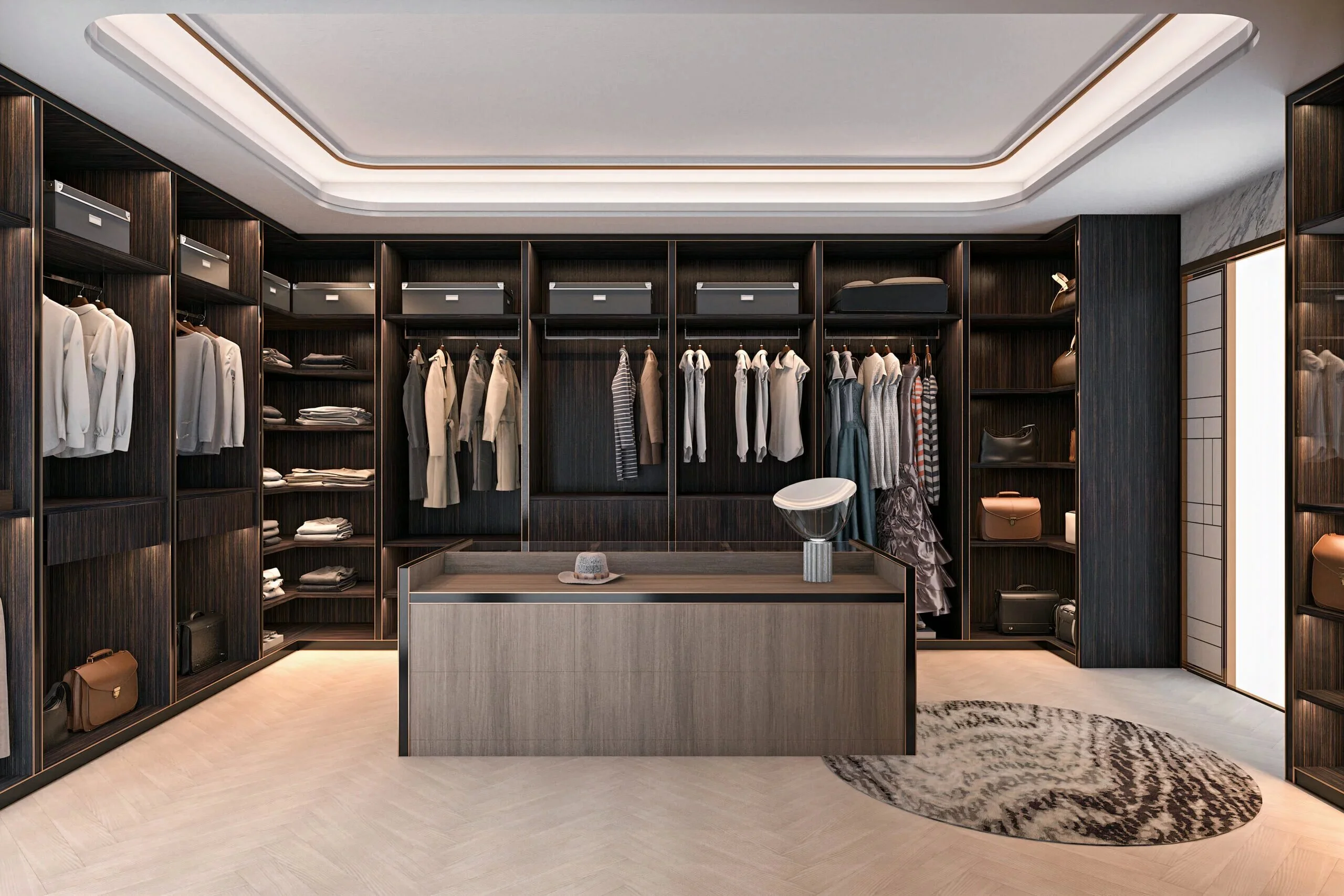 AllandCabinet Modern Furniture Laminated Finish Cupboard Walk-in Closet Wardrobes Luxury for Bedroom with LED Light and Glazed Display 1