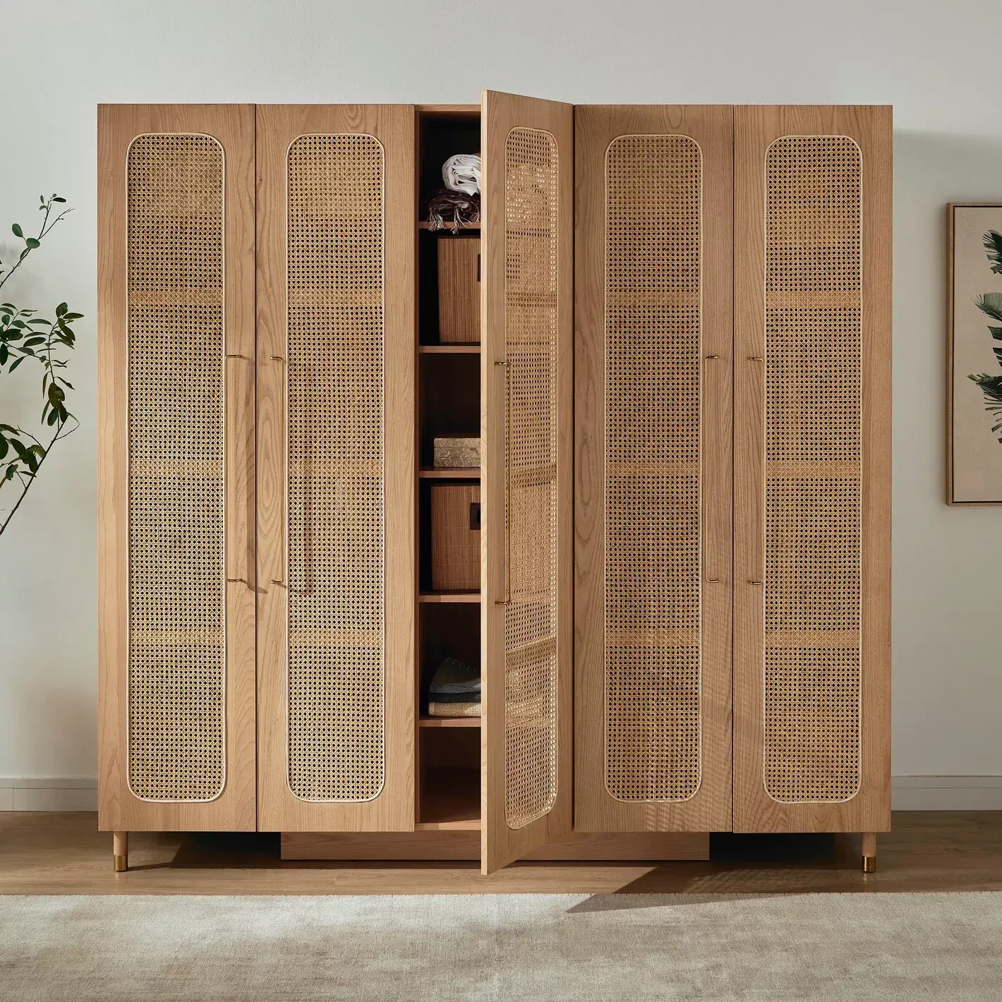 AllandCabinet Шкафы из ротанга с 5 распашными дверцами в скандинавском стиле и отделкой из дуба, простой современный стиль в японском стиле 1
