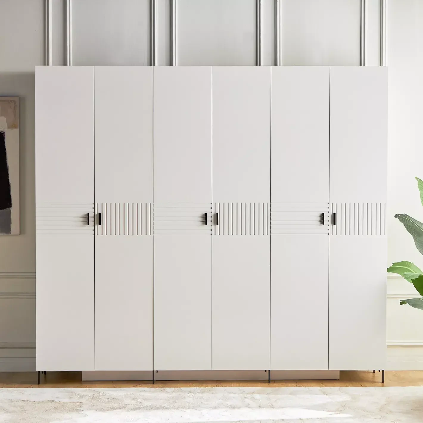 AllandCabinet 6-Door Hinge Wardrobe With Engineered Wood White Lacquer and Metal Legs 1