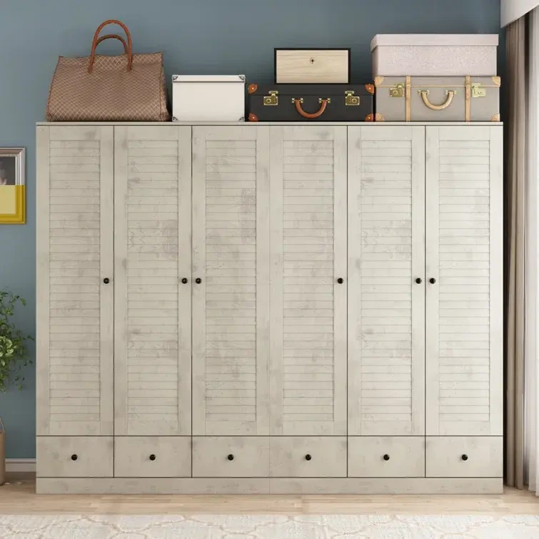 AllandCabinet Modern Style 6 Louvered Doors Wardrobe With 6 Drawers Wood Grain Finish 1