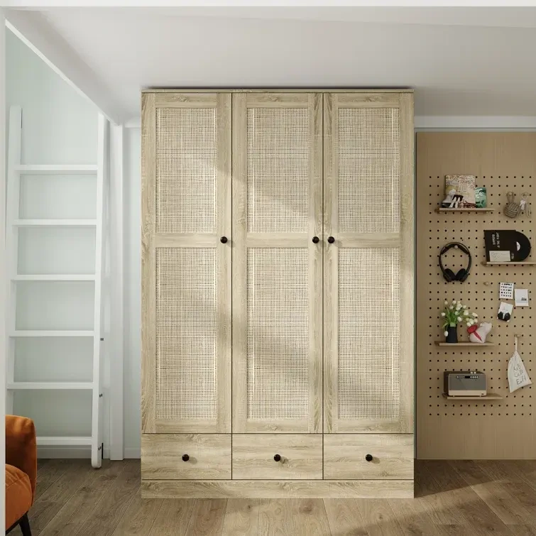 Armário de guarda-roupa de vime de 3 portas AllandCabinet com 3 gavetas & Haste de suspensão para armazenamento Cômoda de guarda-roupa para organizador de quarto 1