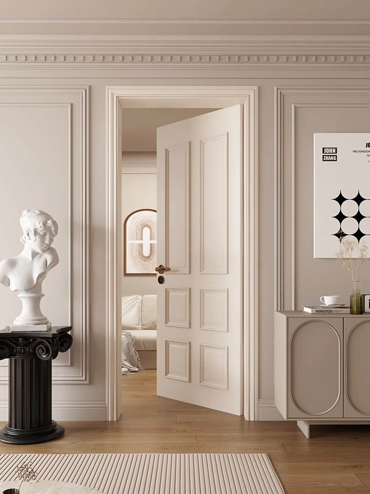 AllandCabinet Custom French Style Solid Wood White Painted Door Retro Style Bedroom Room Door European Molding Line Interior Door Set Door 1