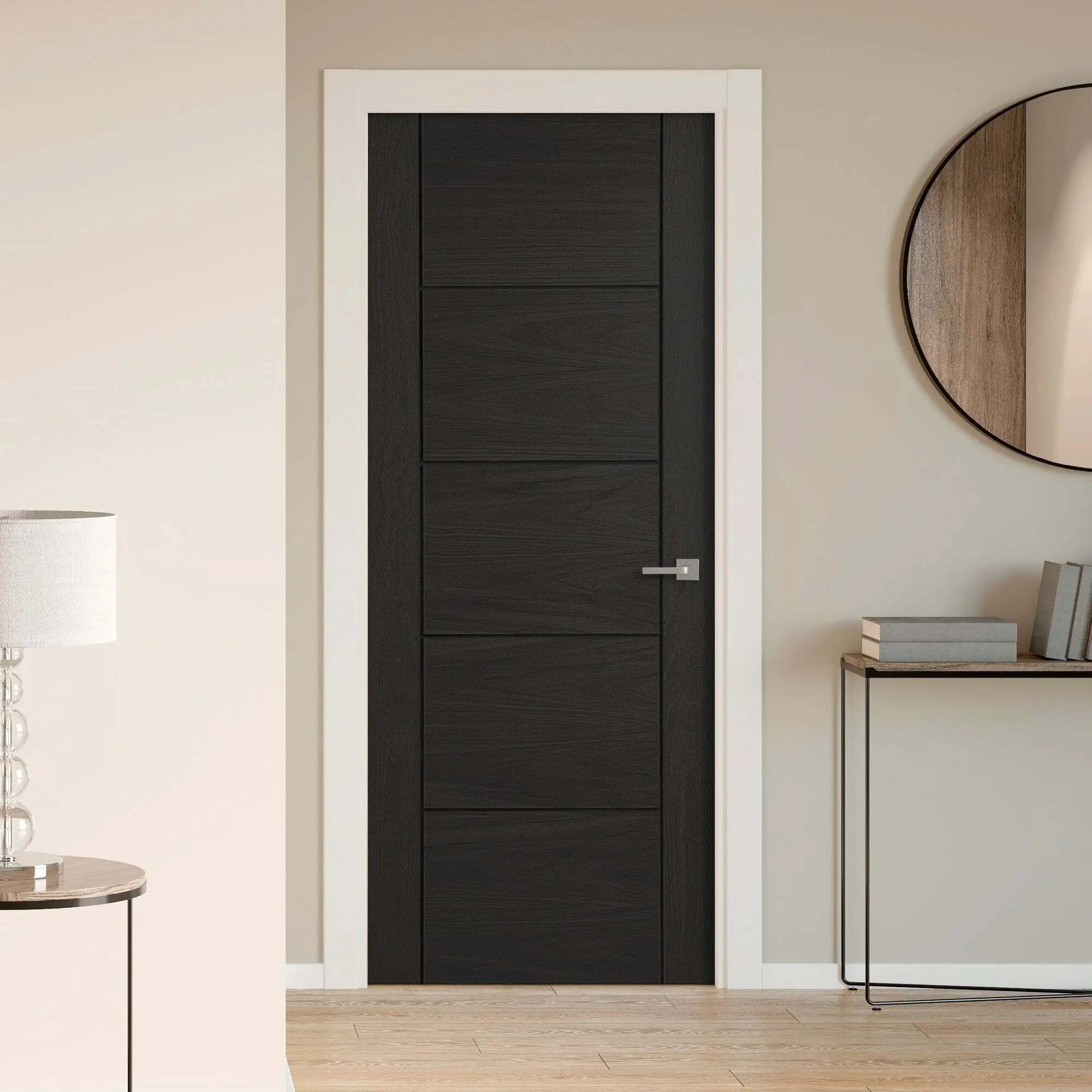 AllandCabinet Porte intérieure noire Porte entièrement finie en chêne sur mesure Porte à 5 panneaux à grain de bois 1