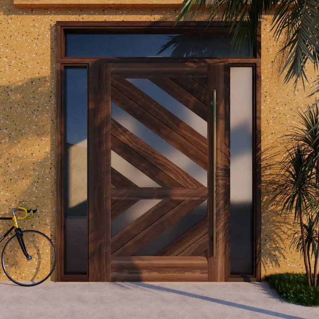 AllandCabinet Luxury Pivot Door With Chevron Wood and Glass Panel For Villa 1
