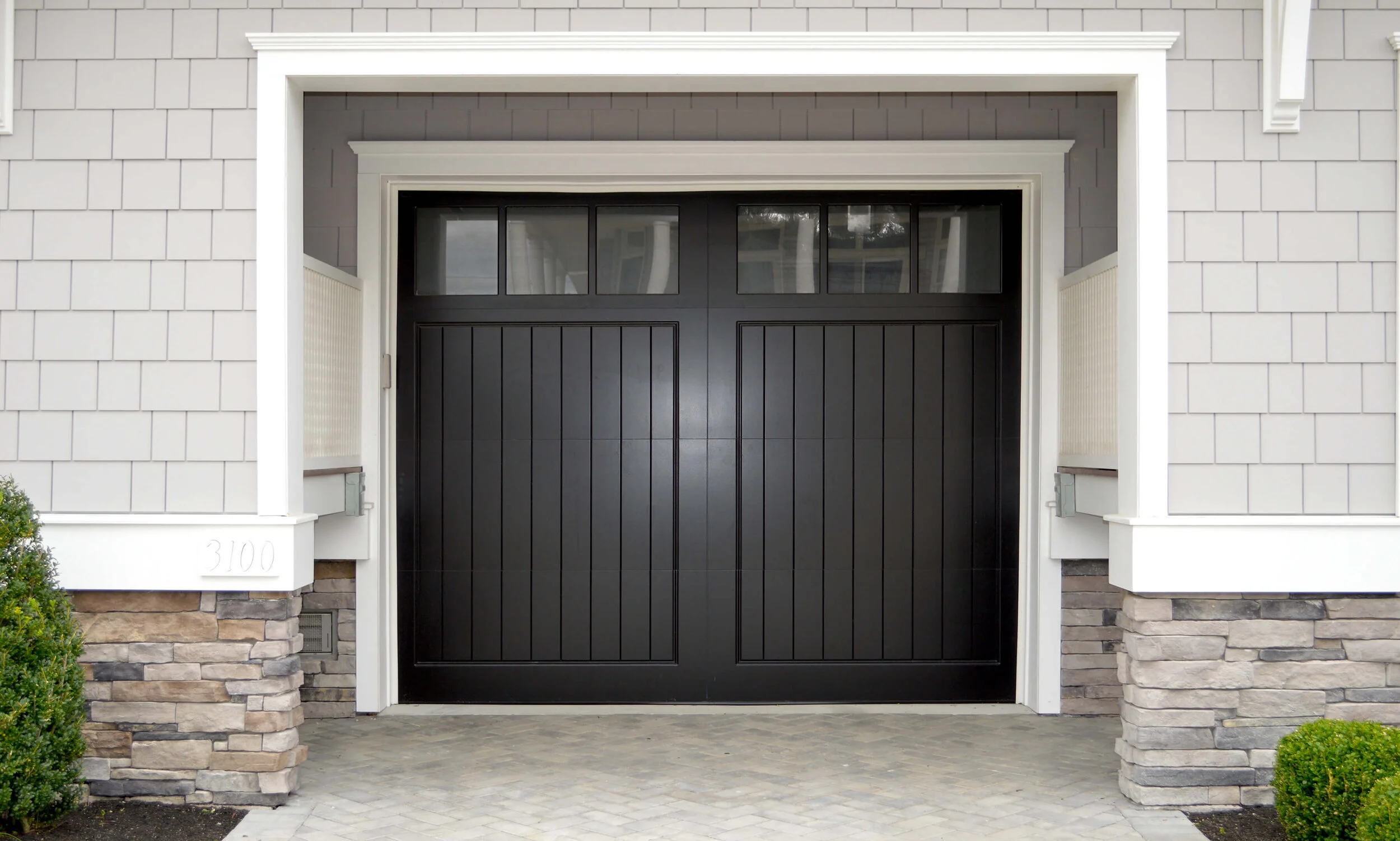 AllandCabinet Overhead Sectional Luxury Black Garage Doors with Frosted Glass with Rolling Remote Control Wooden Villa 1