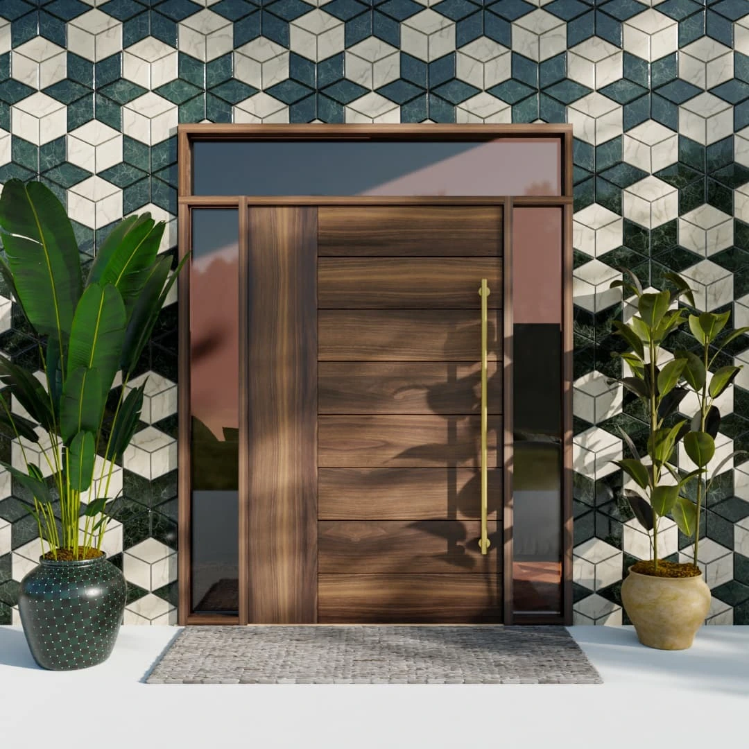 Modern Exterior Pivot Front Door with Eight Horizontal Planks with Insulated Glass 1
