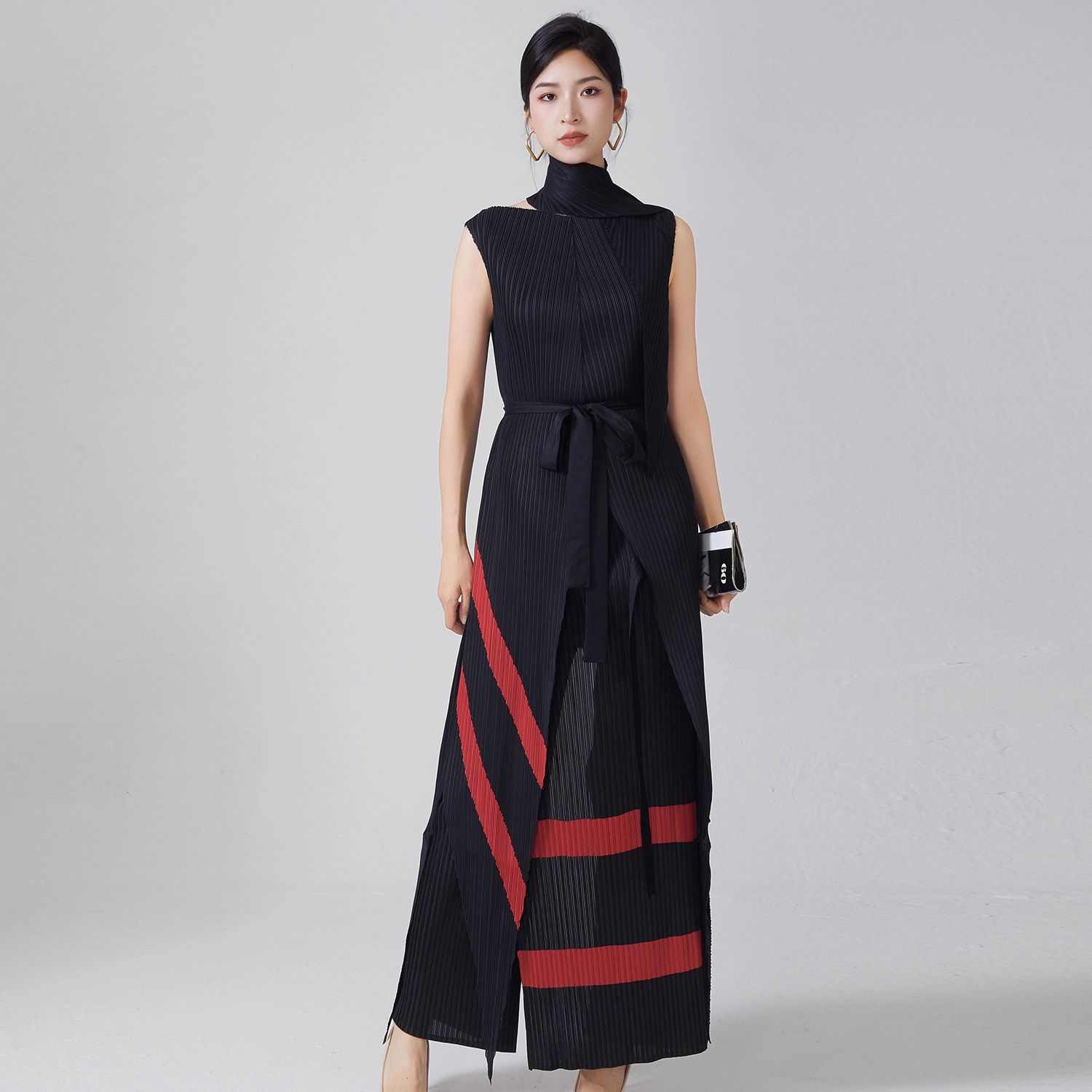 Miyake High-End-Modeanzug für Damen, komplettes Set mit unregelmäßiger ärmelloser Jacke, Schnür-Jokerhose, zweiteiliges Set 1