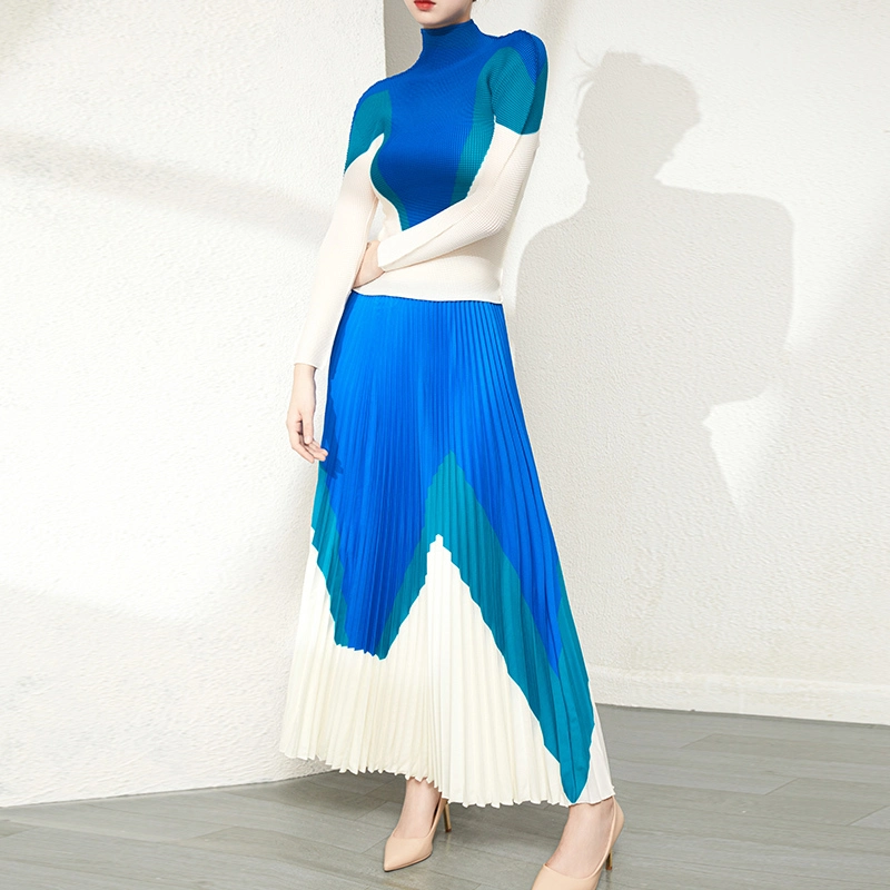 Pleats Clothing Manufacturer &Supplier Miyake Pleated Sets Women's  Spring Women's New Fashion Printing All-match Large Size Slim Top And Half Skirt Two-piece Set 1