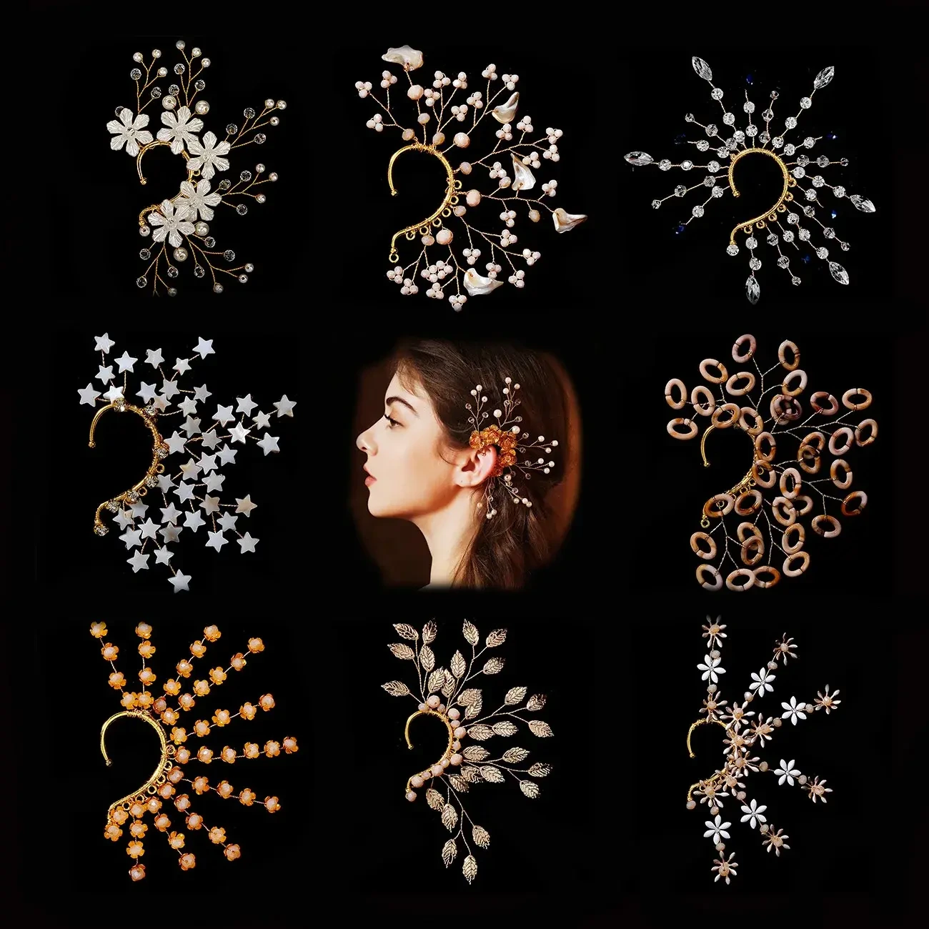 Alloy Ear Wrap Handmade Earring Leaf Copper Wire Crystal Ear Cuff 1