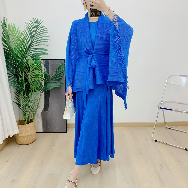 Miyake – robe plissée à lacets, sans manches, avec pompons, élégante, deux pièces, costume plissé pour femmes, printemps et automne, 2024 1