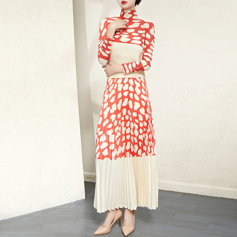 Pleats Clothing Manufacturer  Fast Delivery High Quality Supplier Casual Set Printed Long Sleeve Top And Printed Long Pleated Skirt Two Piece Sets1 1