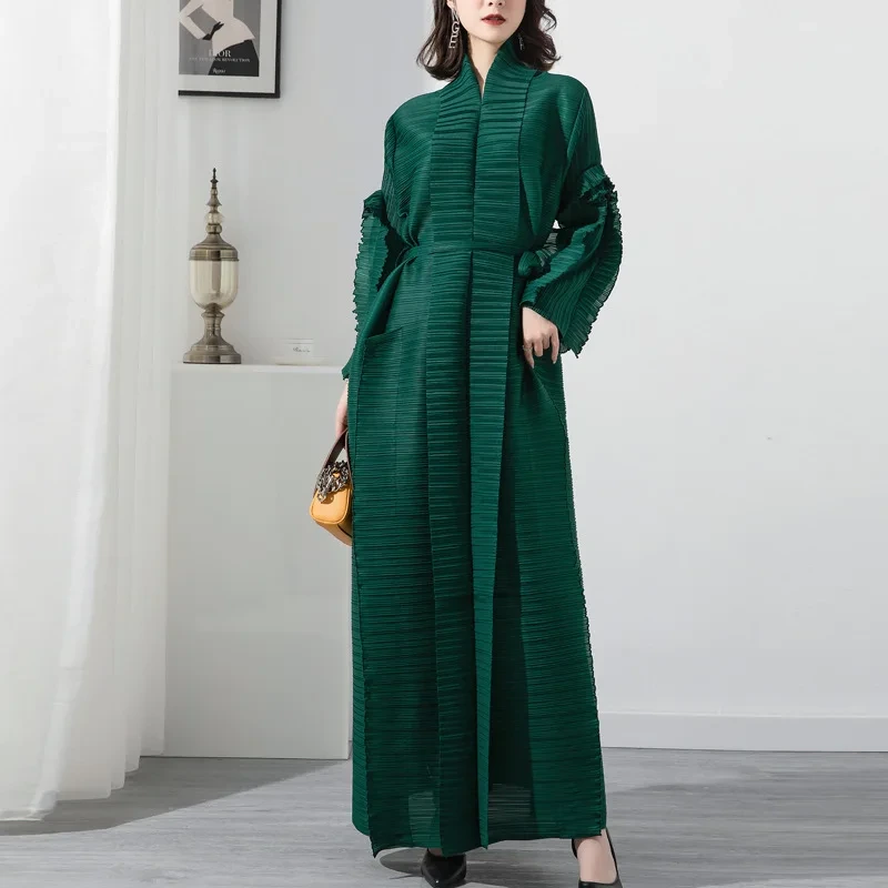 High Quality Abaya Manufacturer Fast Delivery Stock Miyake Pleated Petal Sleeve Women Skirts Lapel Cardigan Belt Plus Size Maxi Dress Supplier 1