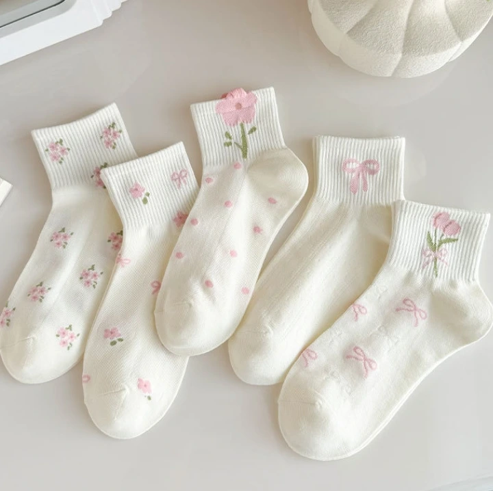 Calcetines de punto con lazo de flores de poliéster y algodón para niñas 1