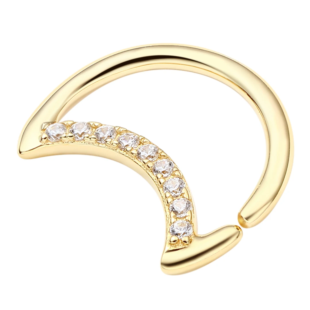 Eternal Metal 14k Solid Gold Half Cz Paved Crescent Moon Shaped Ear <000000> Nose Hoop Ring Navel <000000>lip Piercing Seamless Ring Jewelry 4