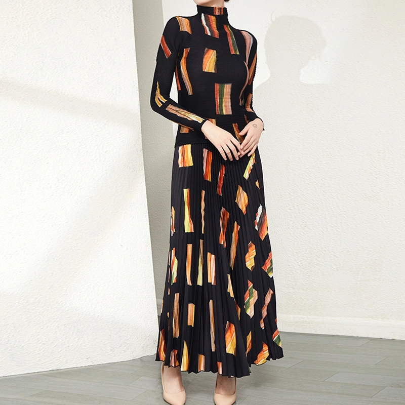 Fabricant de vêtements plissés & Fournisseur Ensemble deux pièces à imprimé plissé à la mode d'automne pour femmes - Chemise à manches longues et jupe plissée allongée dans un style décontracté 1