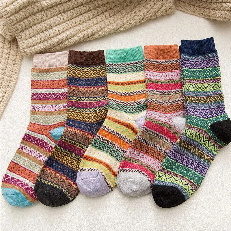 Vintage Warm Thick Wool Crew Knitted Socks Custom 5 Pack Soft Winter Women Socks 1