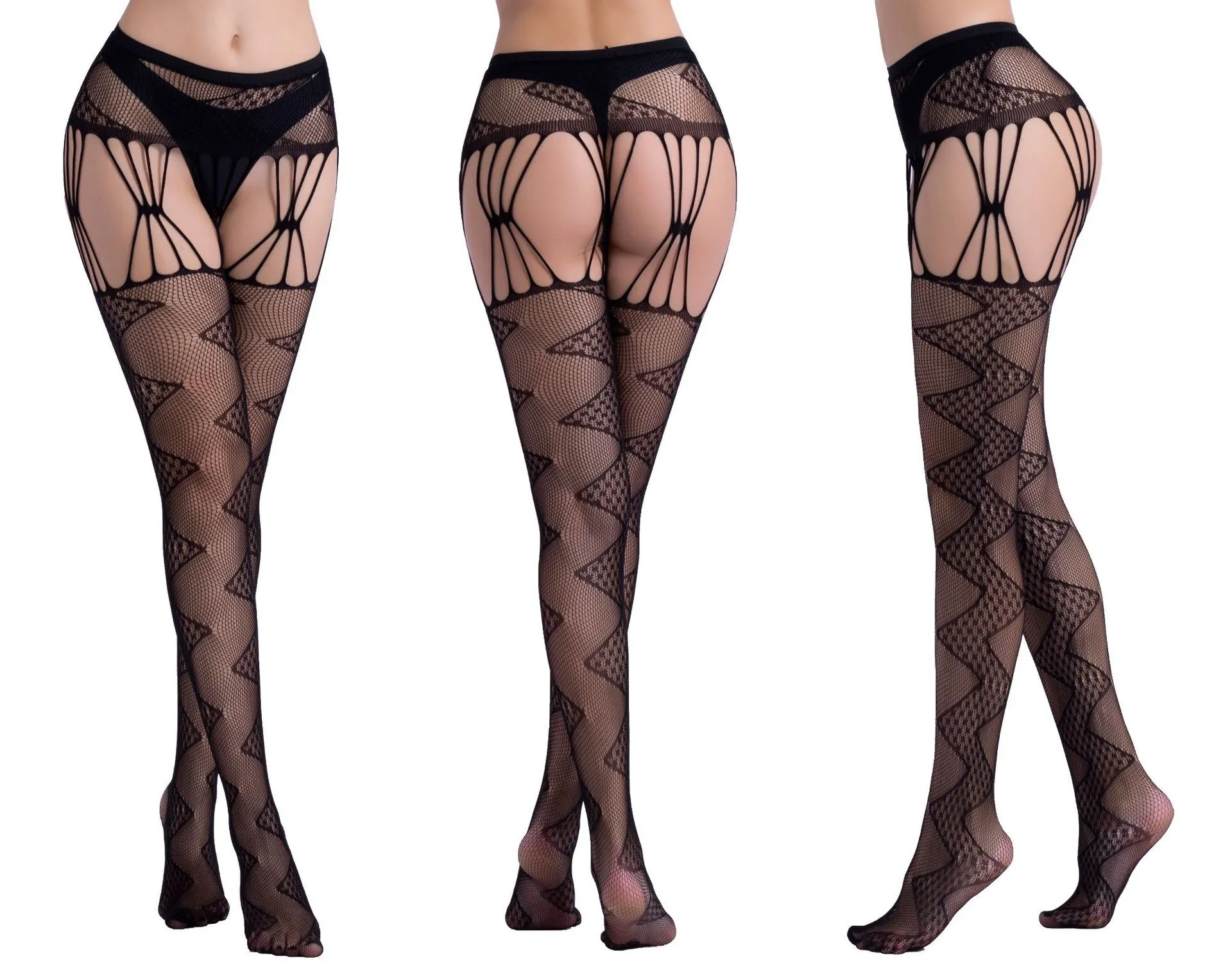 Black Fishnet Thigh High Lace Stockings With Garter Belt - Sexy Pantyhose Tights 1