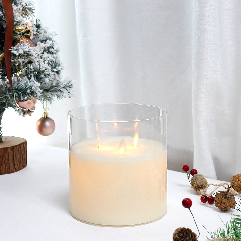 Hot Selling 3-wick Glass Pillar Led Wax Candle 3d Real Flame Warm Light Led Candle With Moving Flame For Festival Gifts 1
