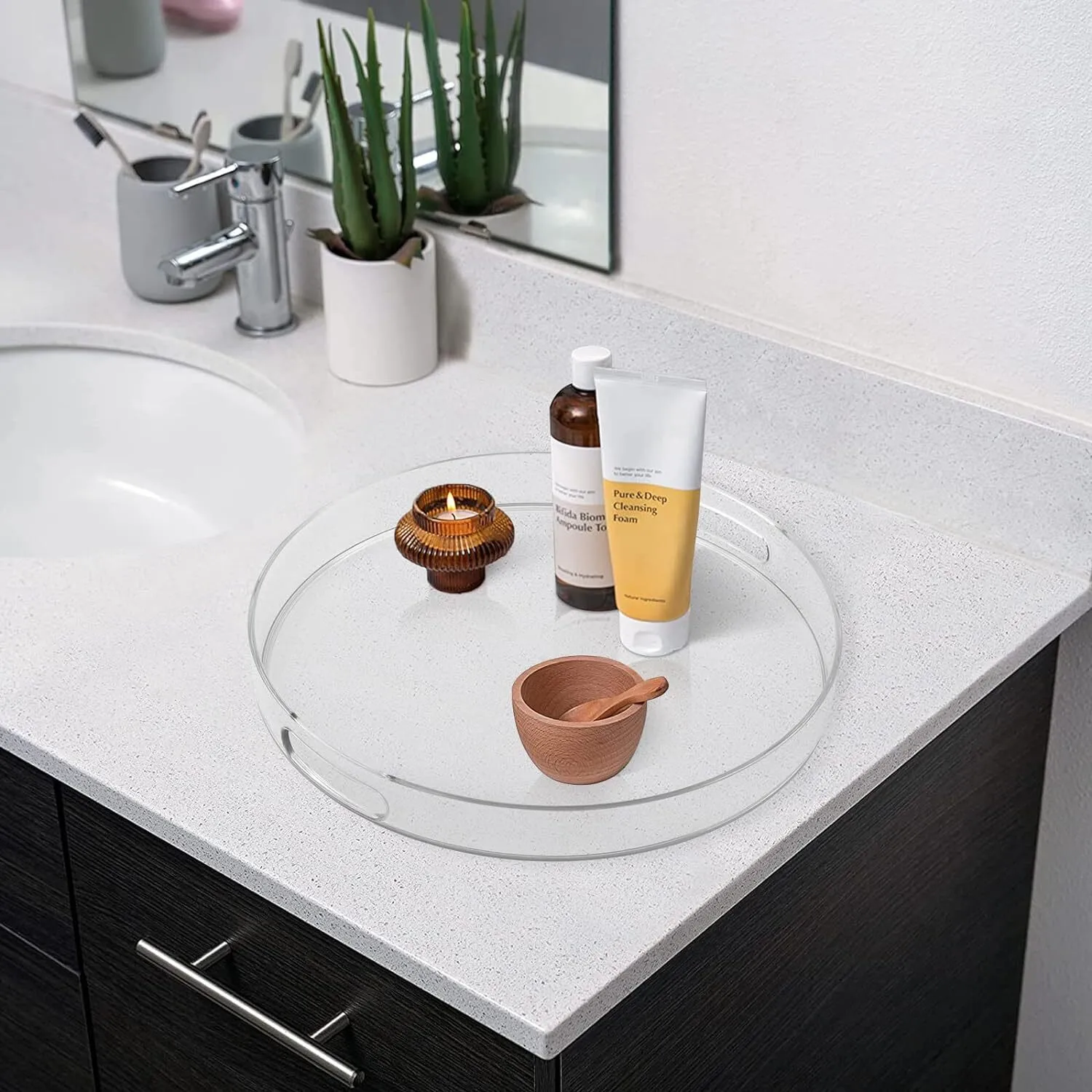 Bandeja redonda de acrílico transparente para servir con asas para cocina, baño, mesa de centro 1
