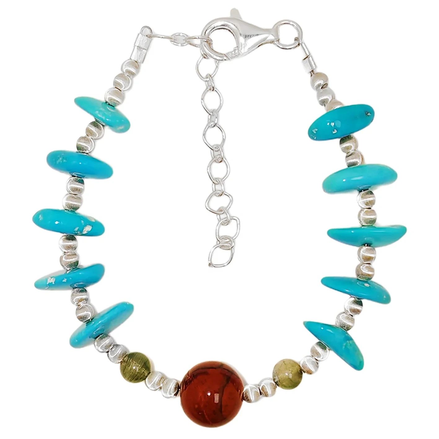 Sefaele sa Basali sa Feshene ea Tlhaho ea Sterling Turquoise Shape Bracelet S925 Silver Bracelet With Green Rutilated Quartz 1