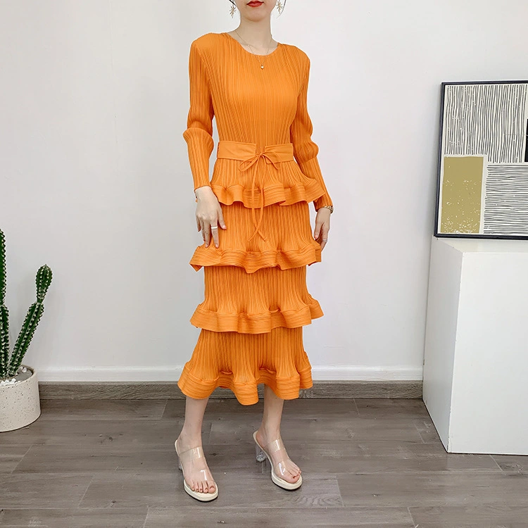Pleats Clothing Manufacturer 2024 Latest Clothing Custom Wholesale Miyake Pleated Lotus Leaf Flower Design Dresses Women Lady Elegant Women Dresses Supplier 1