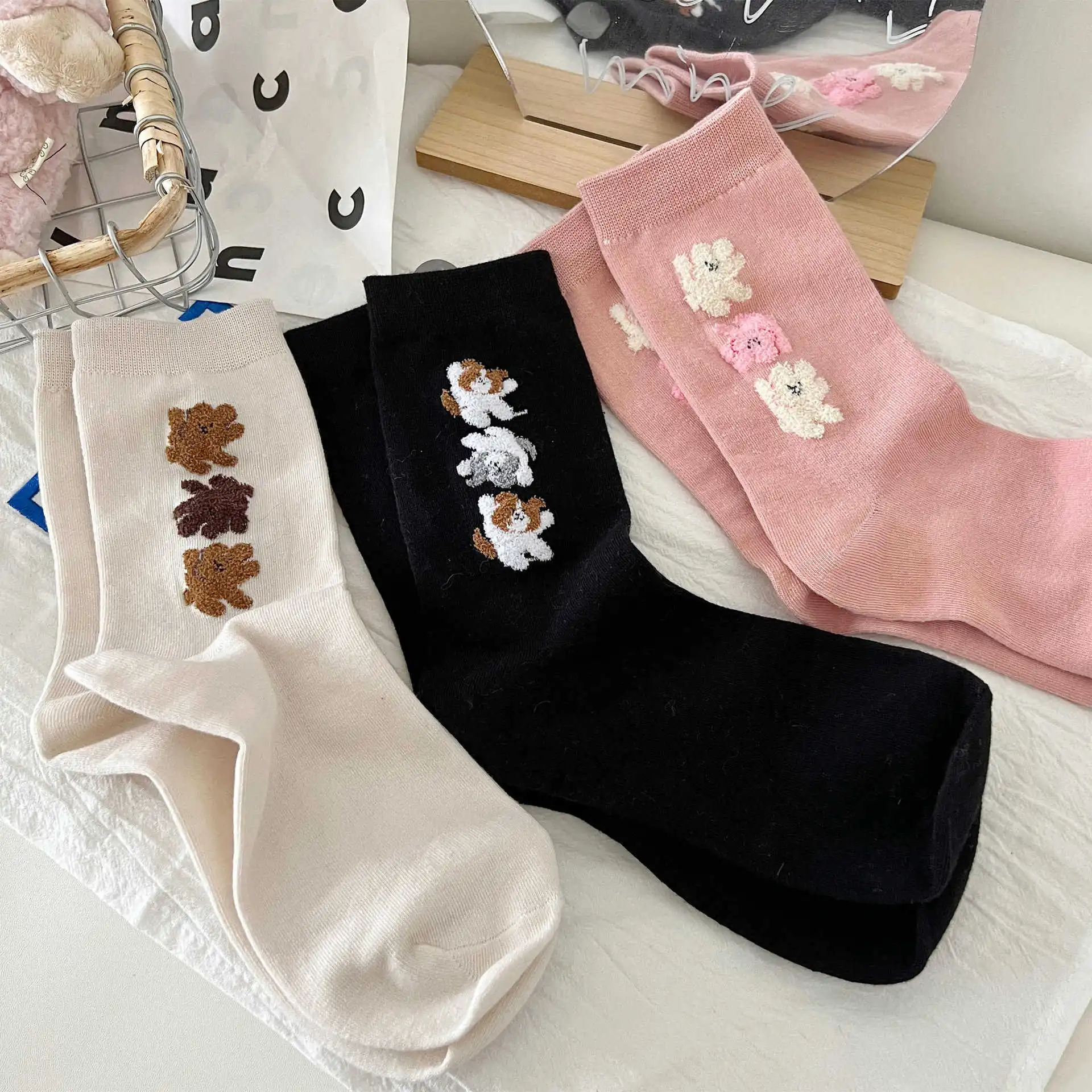 Cotton Women's Crew Socks - Dog Flower Pink White Black 1