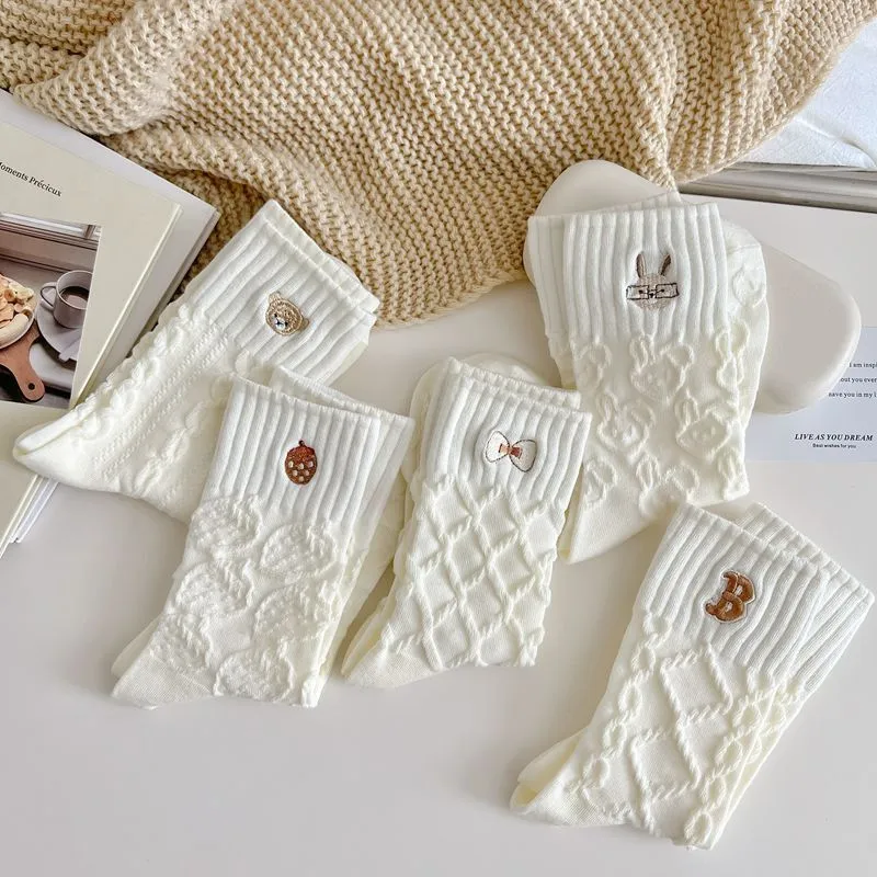 White Crew Girls Socks with Embroidery Bear Rabbit Bow - Cotton Knitting Socks 1