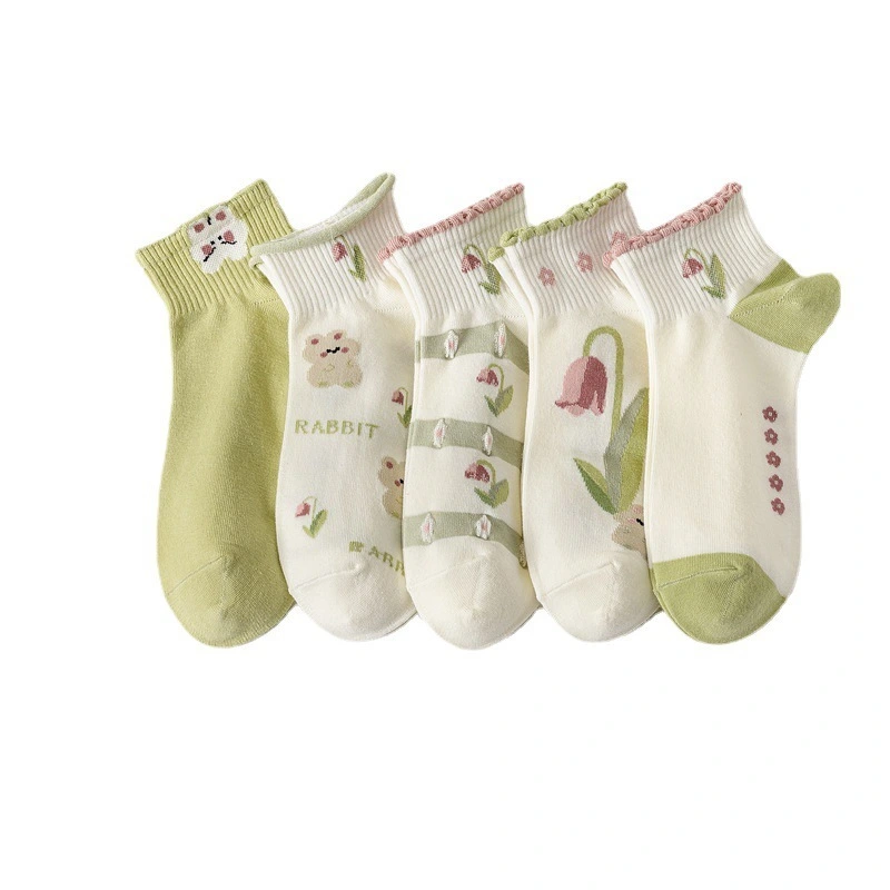 Green Custom Rabbit Flower Ankle Knitting Socks for Women 1