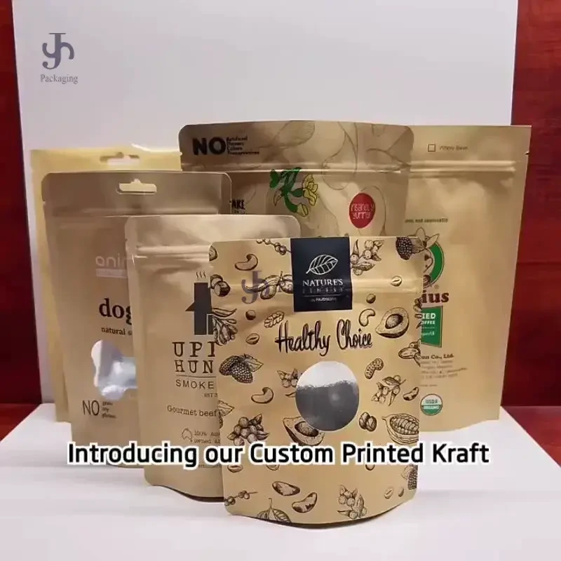 Kertas Kraft Coklat Food Grade Kustom yang Dapat Didaur Ulang Tas Ritsleting Berdiri Dengan Jendela Untuk Penyimpanan Makanan | JSHINEPACK 1