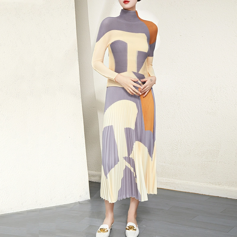 Pleats Clothing Manufacture High Quality The Latest Miyake Pleated Casual Style Sets Printed Miyake Shirt And Printed Long Pleated Skirt Two Piece Sets1 Supplier 1