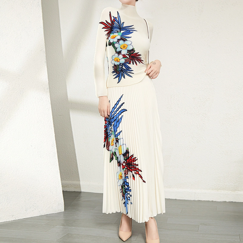 Pleats Clothing Manufacturer Accept Custom High Quality Pleat Printed Casual Style Women 2 Pieces Sets Long-sleeve Shirt And Long Pleated Skirt Two Piece Set 1