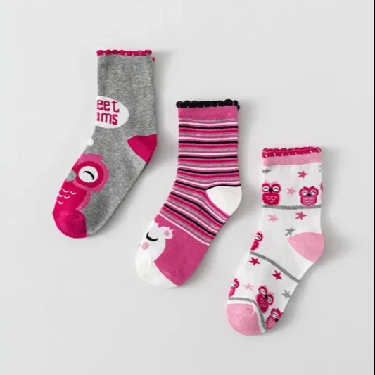 Chaussettes faites sur commande de robe d'écolières de coton 2-10Y chaussettes roses de carton d'ours de rayure 1