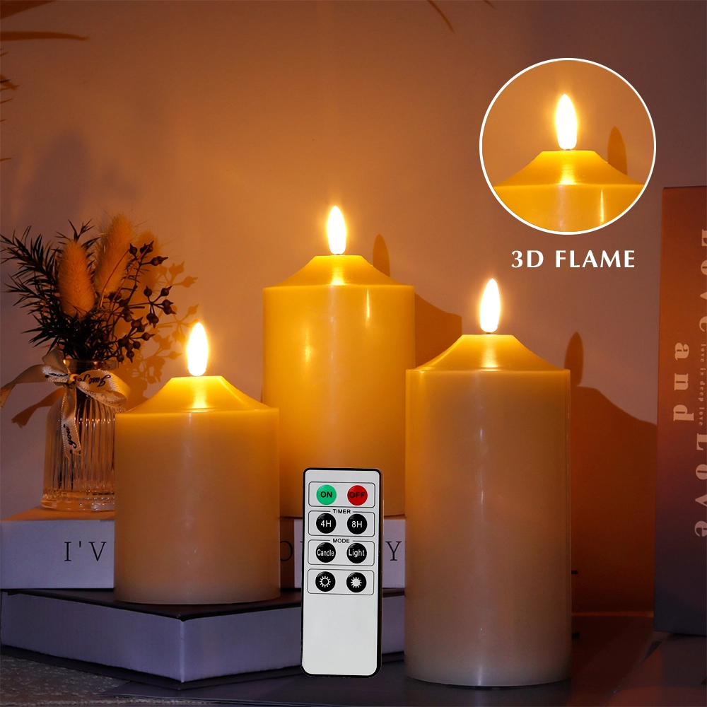 Bästsäljande set med 3 timers flamlös flimrande pelare Led Real Wax födelsedagsljus med fjärrkontroll för heminredning 1