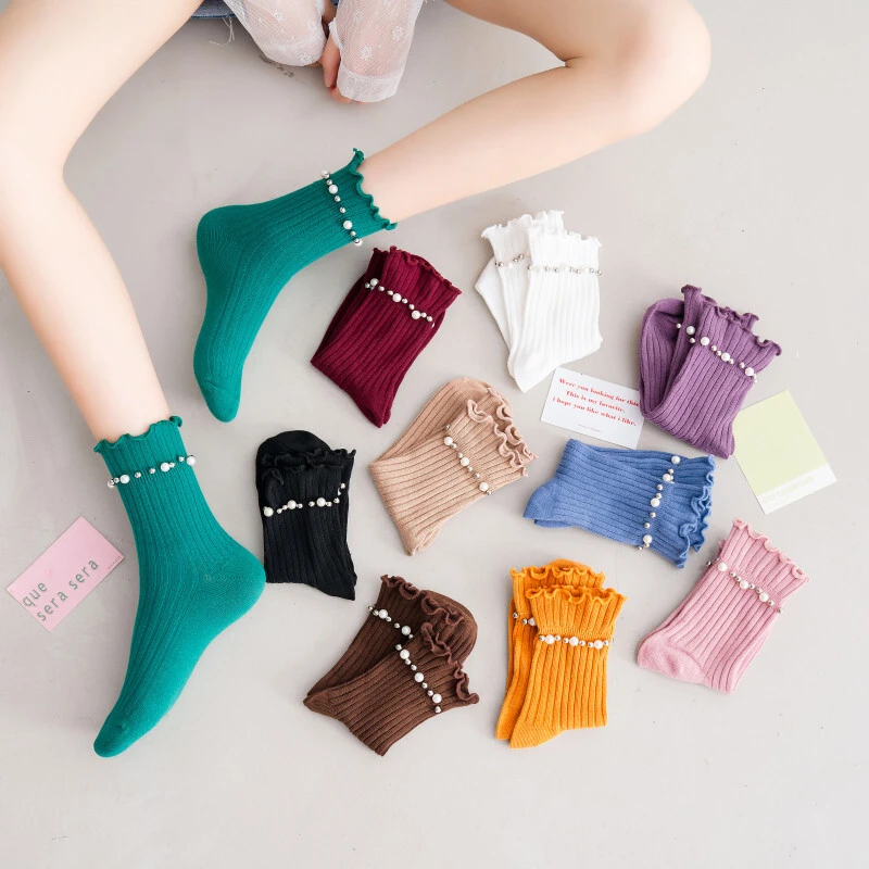 Colorful Pearl Stone Wholesale Cotton Socks for Women 1