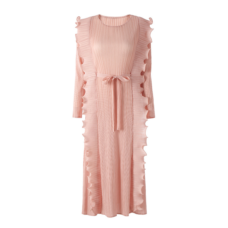 Auf Lager Schnelle Lieferung Hohe Qualität Mode Design Frauen Plissee Kleid Mit Gürtel Rüschen Casual Kleid Elegantes Kleid 3