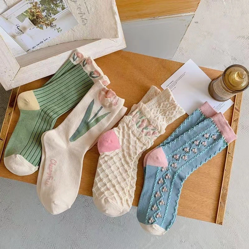 Custom Cotton Crew Socks with Flower Design for Women and Girls 1
