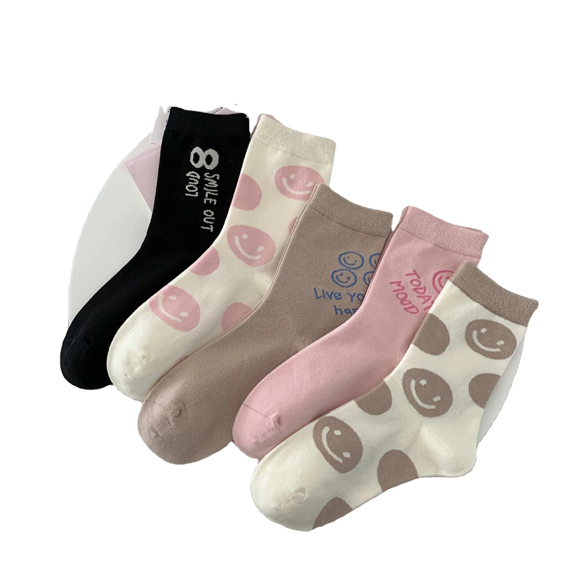 Custom Happy Face Crew Ladies High Quality Cotton Knitting Socks 1