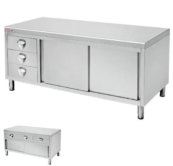 Mesa de trabajo con puerta corrediza de acero inoxidable, cajones y puertas contra salpicaduras/gabinete de banco de cocina comercial 304 1