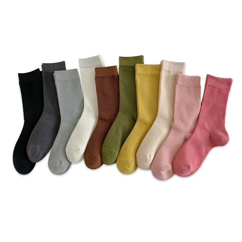 Women's Cotton Knitted Solid Color Crew Socks - Customizable & High Quality 1