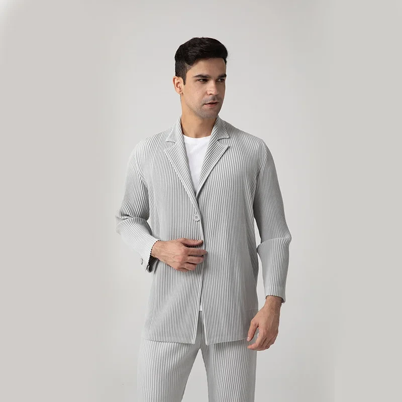 Pleats Clothing Manufacturer Miyake Men's Casual Blazer Breathable V-neck Suit Jacket For Spring And Autumn Simple Supplier Pleated Loose Design 1