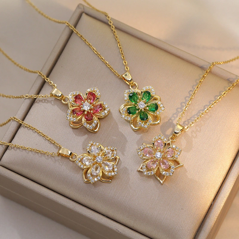 Minimalist Spinner Bauhinia Flower Fidget Necklace Stainless Steel Necklace Zircon Flower Rotatable Necklace For Women 1