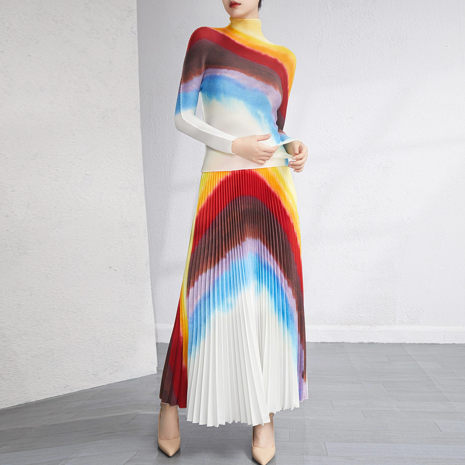 Plis Fabricant de vêtements Miyake Jupe plissée Ensembles Fournisseur Femmes 2023 Printemps et automne Top Fashion Nouvelle jupe longue élastique ample Ensemble deux pièces 1