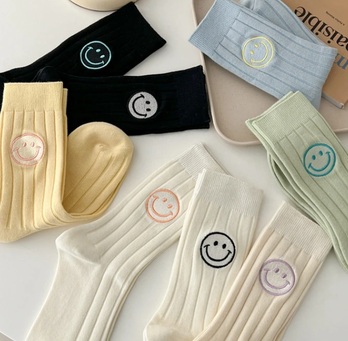 Embroidery Happy Face Custom Cotton Polyester Unisex Knitting Socks 1